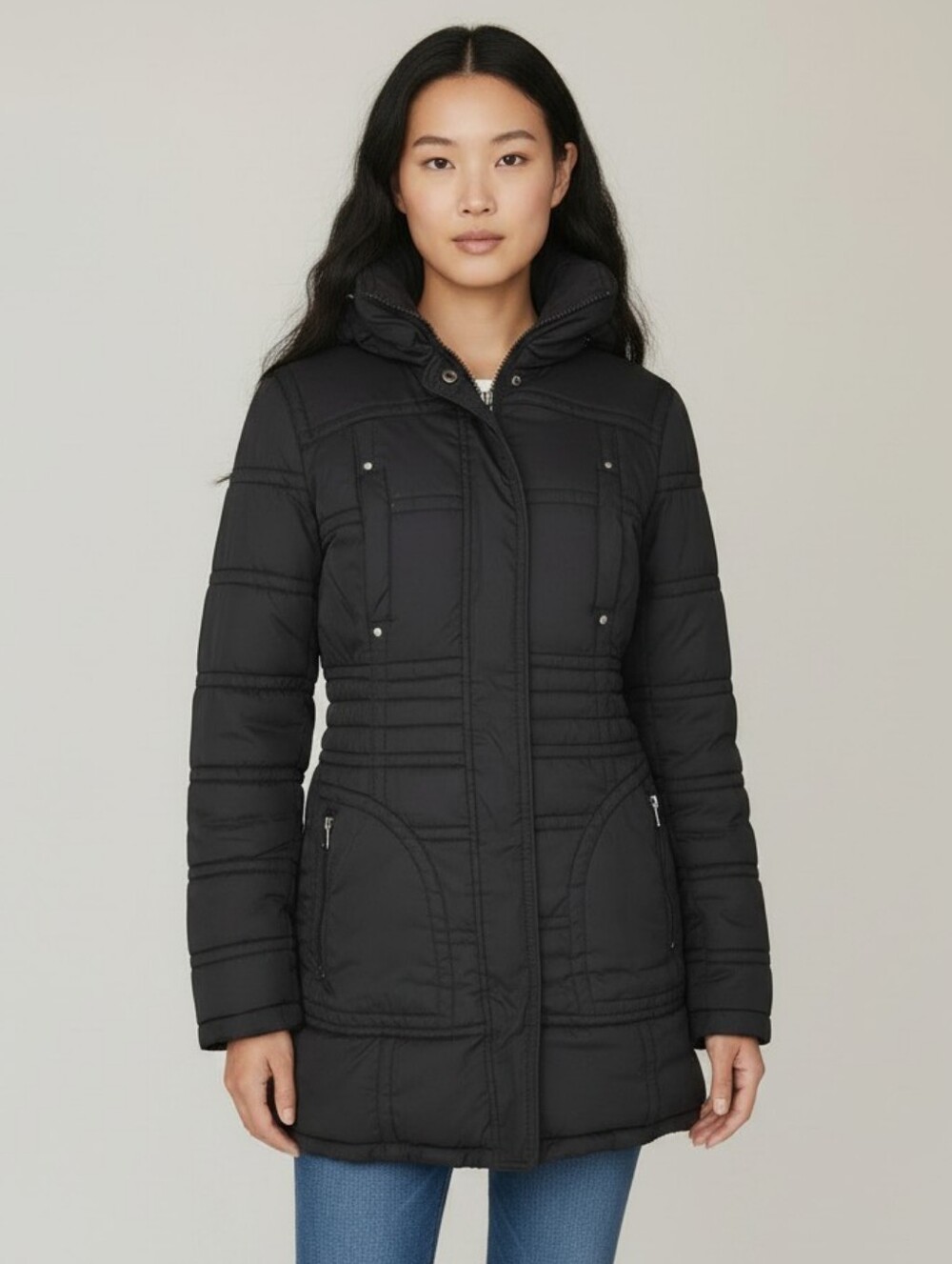 Kenneth Cole Reaction Women’s Small Black Quilted Puffer Coat Hidden Hood